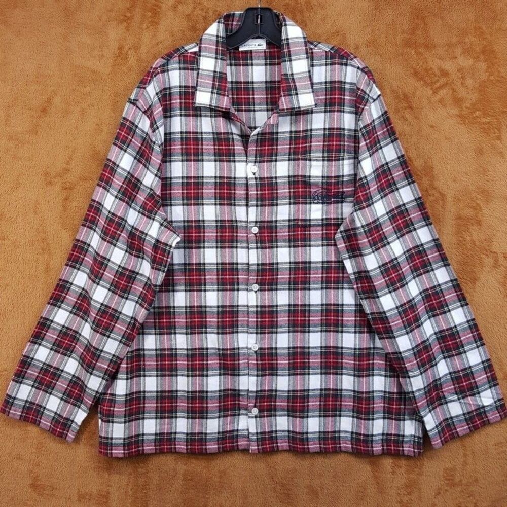 LACOSTE Pajama Shirt Mens XL Red Plaid Collared Flannel Logo Sleep Pjs
